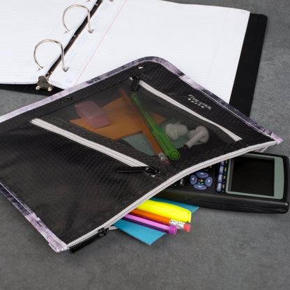 Five Star Pencil Pouch, Pen Case, 3-Pocket Zipper Pouch, Fits 3-Ring Binder, Storage Organizer for Classroom Supplies Earbuds Chargers Cables Makeup, Black/Grey (506420A-ECM)