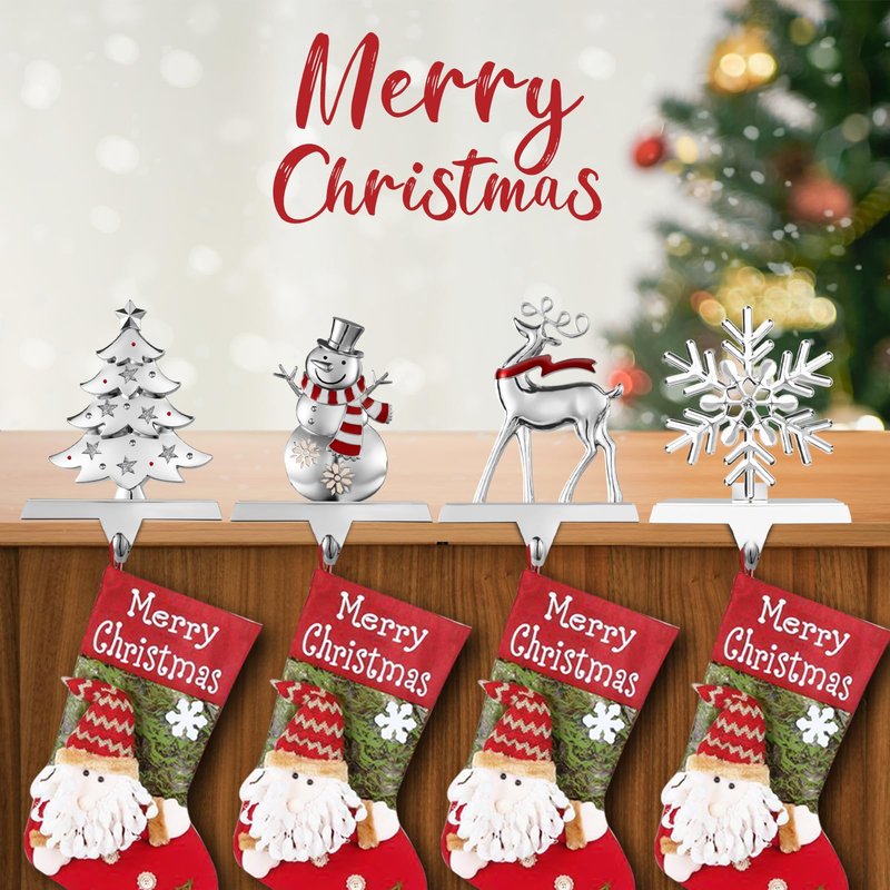 GUOER 4 Pack Snowflake Christmas Stocking Holder Set for Mantle Christmas Decorations Holiday Mantle Fireplace Topper - Snowflake Snowman Reindeer and Christmas Tree Hangers Decorative Metal Hanger