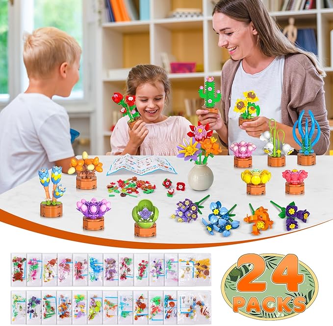 24 Pack Easter Basket Fillers Flowers Party Favors for Kids Building Set - 827PCS Botanicals Succulent 3.6MM Mini Building Blocks Toy for Goodie Bag Stuffer Classroom Prize Gift for Kids Girls Boys 6+