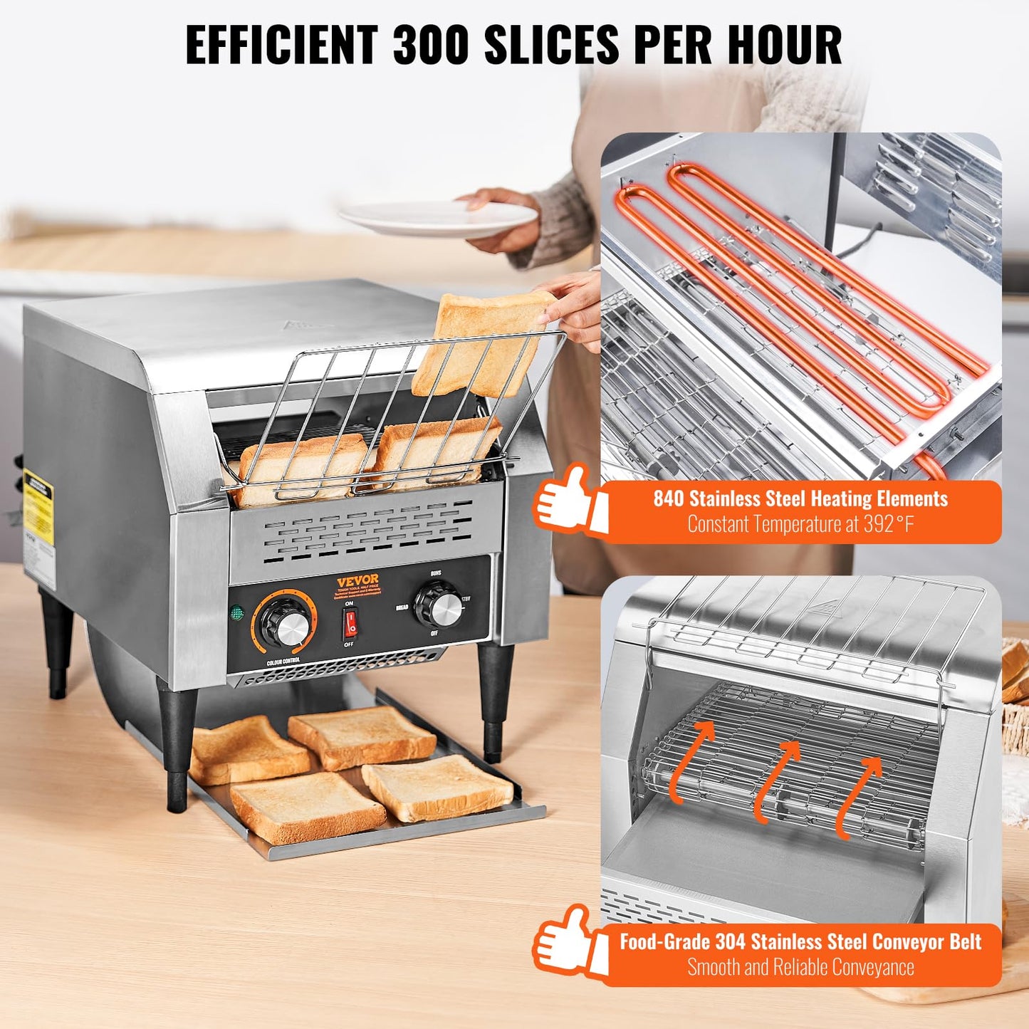 VEVOR Commercial Conveyor Toaster, 300 Slices/Hour, Heavy Duty Stainless Steel, Electric Restaurant Toaster for Toast, Bun, Bagel, Bread