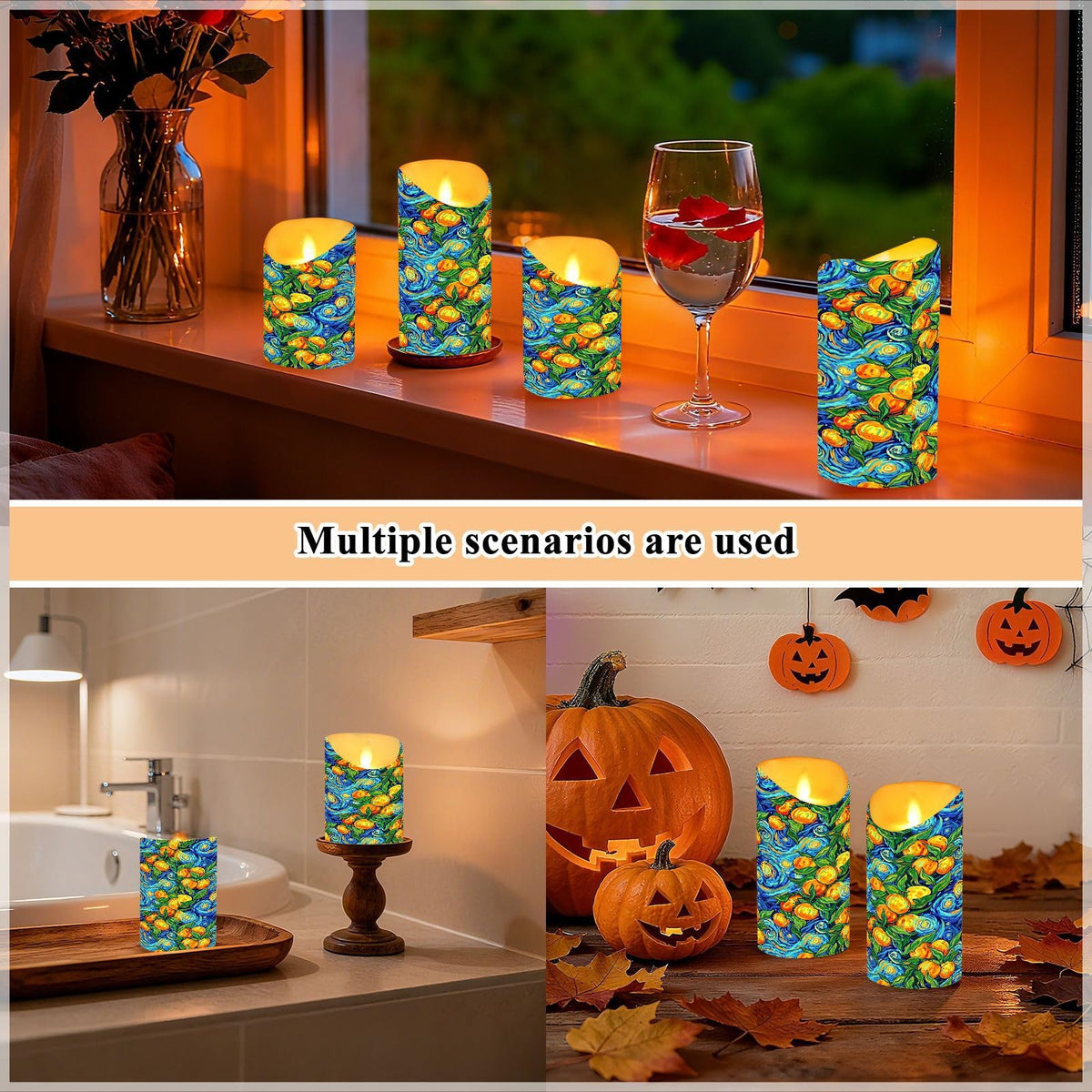 Gravopti Oil Painting 2 Pack Flameless LED Pillar Candles with Remote & Timer, Battery Operated, Flickering Wax Candle for Wedding, Romantic Home & Party Decor