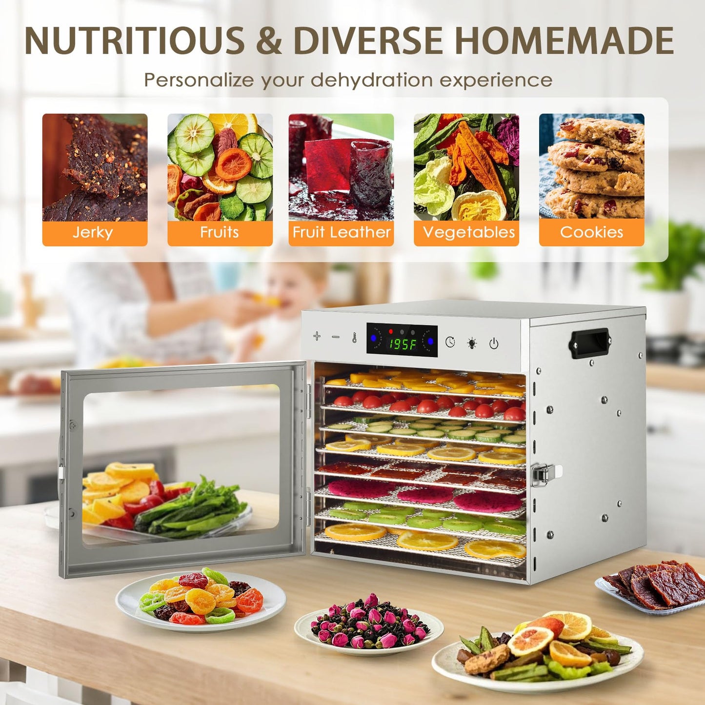 HOPERAN Food Dehydrator Machine with 8 Stainless Steel Trays – Digital Timer & Adjustable Temp Control for Jerky, Herbs, Fruits | Overheat Protection, BPA-Free, Includes Recipe Book