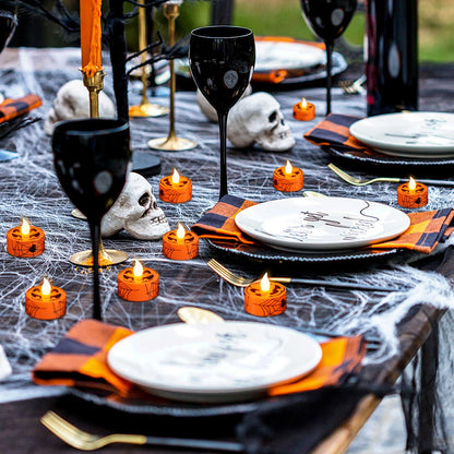 GenSwin Halloween Tealights Candles Battery Operated, 12 Pack Tea Lights Flameless Candles with Timer, Orange LED Votive Flickering Candles with Pumpkin Face and Spiderweb Prints for Halloween Decor