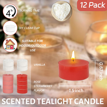 Scented Tea Light Candles 12 Pack Pastel Color Hand Poured Smokeless 4 Hours Clean Burning Small Round Clear Cups Tealight Candles for Romantic Dinners Wedding Centerpieces Cozy Evenings
