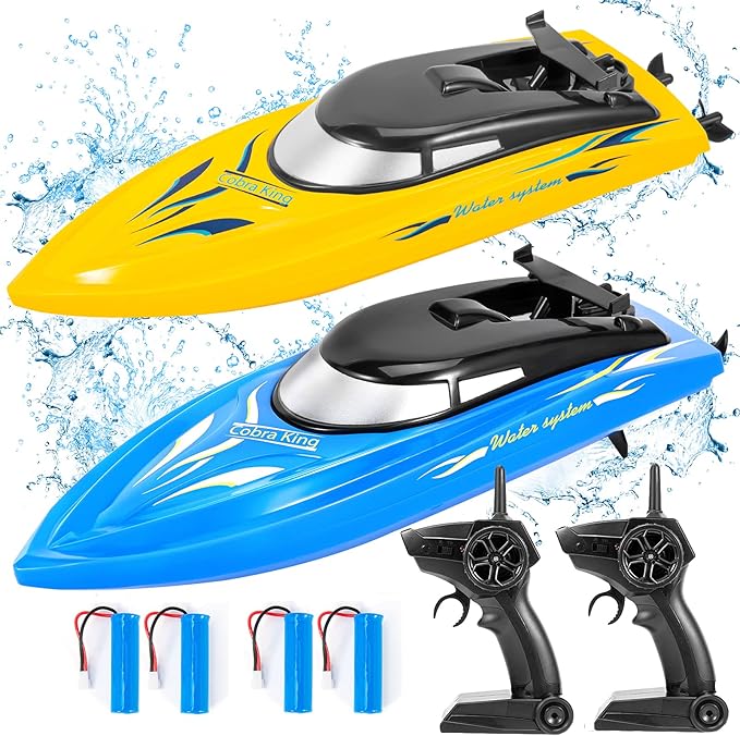 2PACK RC BoatRemote Control Boats for Kids and Adults10km/H 2.4G High Speed Remote Control BoatFast RC Boats for Pools and Lakes with 4 Rechargeable Battery.(Blue+Yellow)