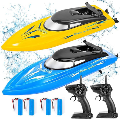 2PACK RC BoatRemote Control Boats for Kids and Adults10km/H 2.4G High Speed Remote Control BoatFast RC Boats for Pools and Lakes with 4 Rechargeable Battery.(Blue+Yellow)