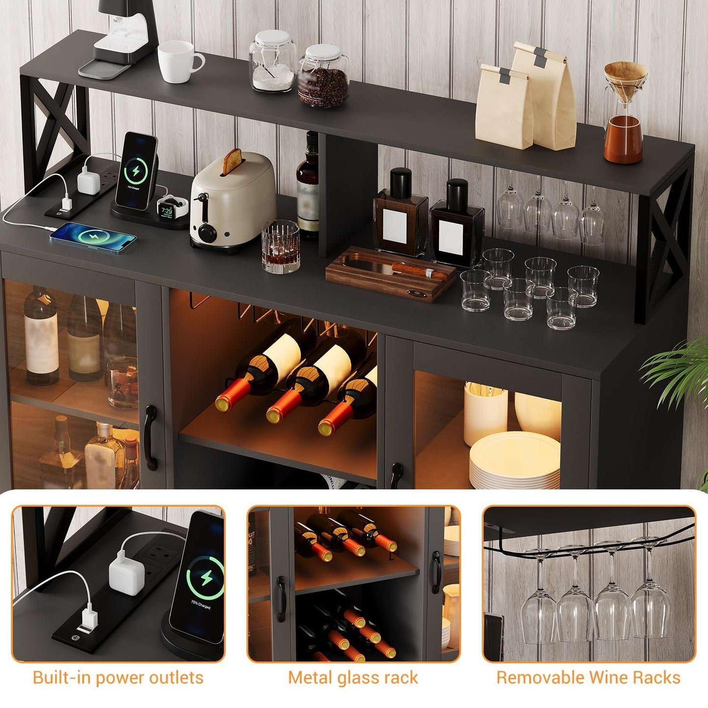 BouPower 47" Wine Cabinet with LED Light, Home Coffee Cabinet with Wine Rack and Glass Holder, Coffee Bar Buffet Sideboard Storage with Power Outlets, for Living Room, Dining Room, Black