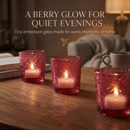 6 Pack Hummingbird Embossed Glass Candle Holders Votive Tealight Holders with Patent Design, Decorative Glass Cups for Wedding Centerpieces, Parties, and Home Decor (Wildberry Red)