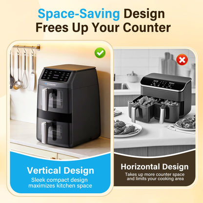 11QT Air Fryer Dual Large Basket Design (Deep Top & Long Bottom) for Whole Chicken & Ribs,430°F High-Heat Broil, 360° Rapid Circulation, 6 in 1 Preset Function, Family Meals, PFAS Free Nonstick