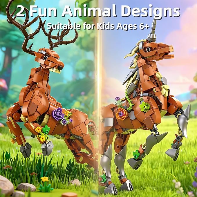 MENTOJOY 2-in-1 Magical Unicorn &amp Deer Building Set - 1367 Pieces Fantasy Animal Model Educational STEM Toy &amp Desktop Decoration Gift for Kids Ages 6+