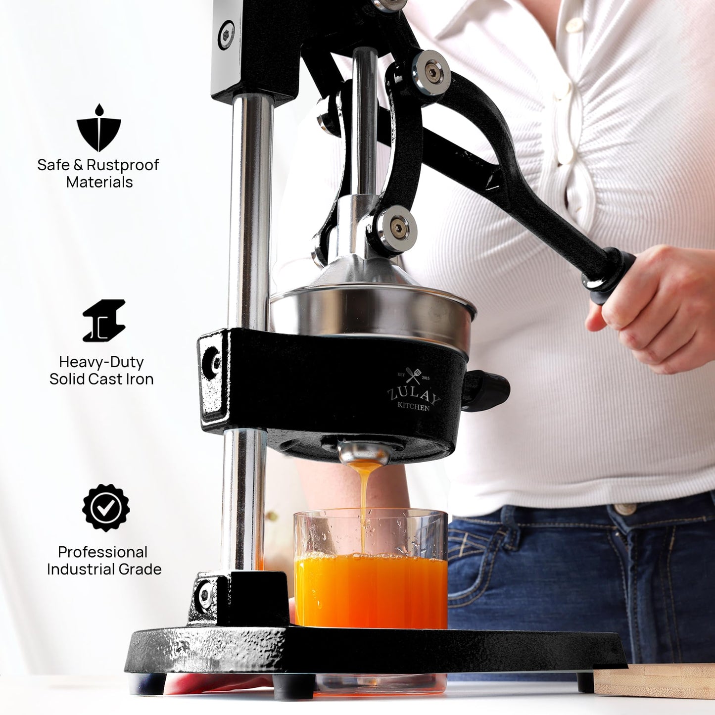 Zulay Kitchen Cast-Iron Orange Juice Squeezer - Easy-to-Clean, Heavy-Duty, Professional Citrus Juicer - Stainless Steel Lemon Squeezer - Manual Citrus Press & Orange Squeezer - Orange Juicer (Black)