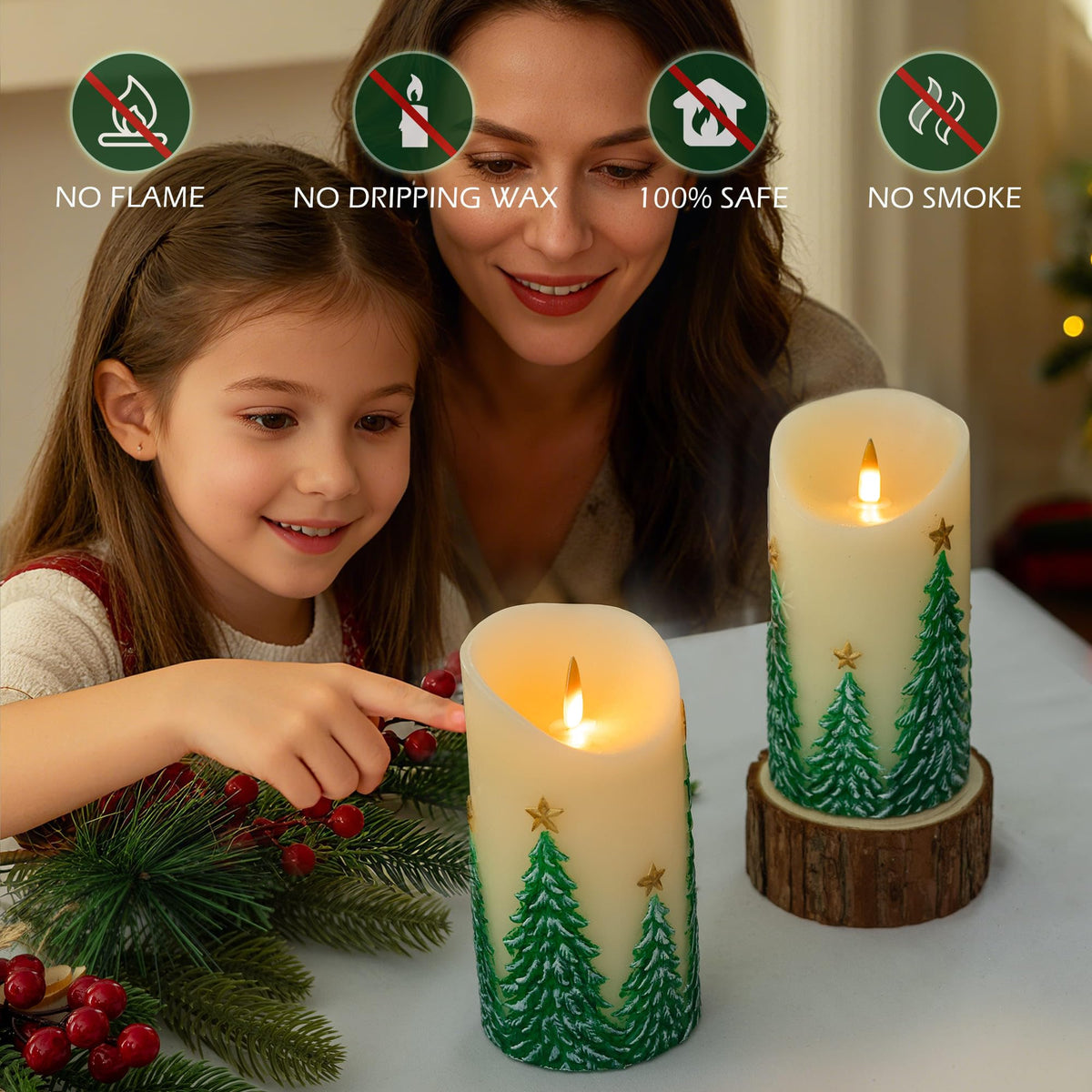 SEHNSY Christmas Tree Flameless Candles with Remote and Timer, Real Wax LED Pillar Candle with Flickering Flame, Embossed Design, Battery Operated Candles Xams Holiday Home Décor