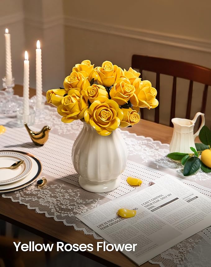 iATOM Yellow Rose Bouquet Building Set 12Pcs Flowers Botanical Collection Kit for Adults Valentine's Day Gift for Her/Girlfriend/Mom/Wife/Couple Modern Home Office Table Centerpiece Decor Aesthetic