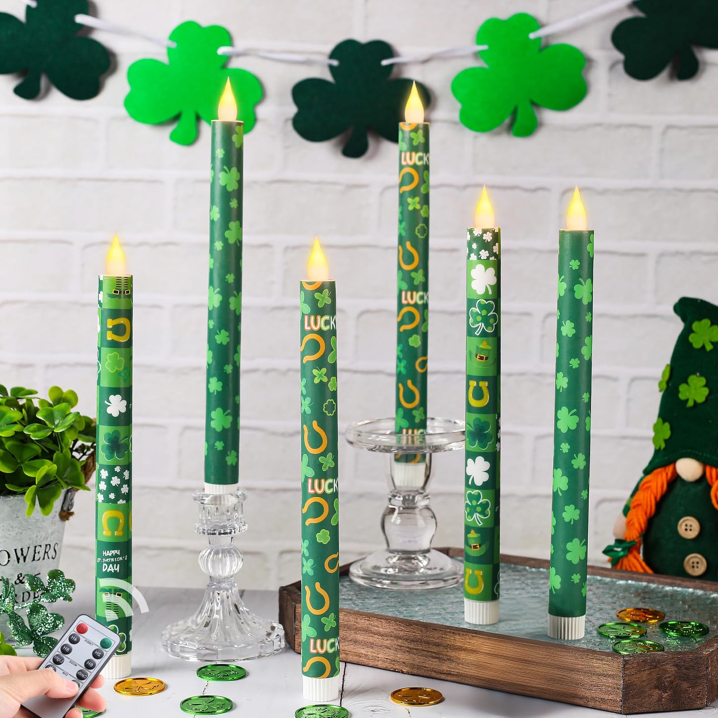LCZLUMIPRO 6Pcs St. Patrick' s Day Flameless Taper Candles, 10.63" Green Battery Operated LED Shamrock Candles with Lucky Charms,Remote Timer, Candlesticks,Irish Party Favor Gifts for Home Table Decor