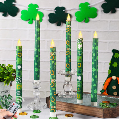 LCZLUMIPRO 6Pcs St. Patrick' s Day Flameless Taper Candles, 10.63" Green Battery Operated LED Shamrock Candles with Lucky Charms,Remote Timer, Candlesticks,Irish Party Favor Gifts for Home Table Decor