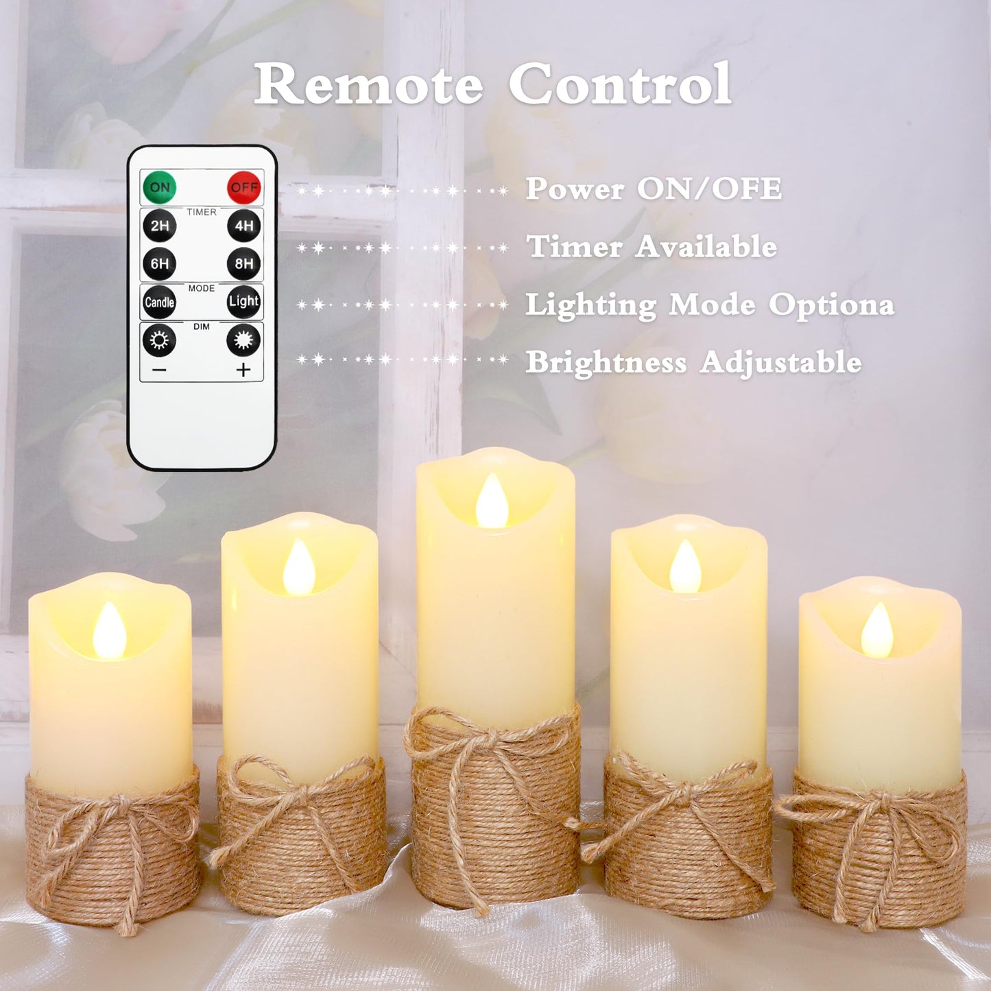 Crystal Club Flameless Candles Flickering with Timer, Set of 5 Battery Pillar Candles with Hemp Rope, Realistic Wax Candle Lights for Summer Party Home Table Décor