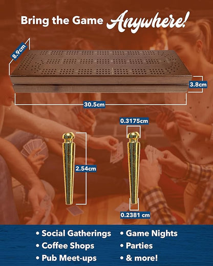 WE Games Cribbage Board with Pegs - Cribbage Set of Playing Cards &amp 9 Metal Pegs - Fun Family Game Night - Travel Cribbage Board Walnut Stained
