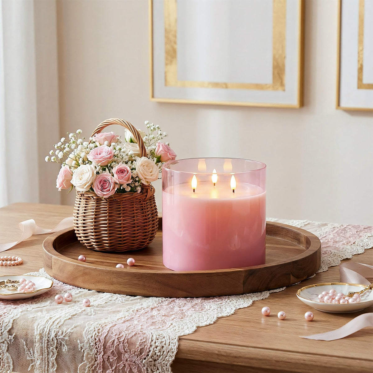 Homemory 6x6 Extra Large Flameless Candle with 3 Wicks, Pink Glass LED Pillar Candle, Real Wax Battery Operated Candle with Remote and Timer, Flickering Flameless Candle Home Wedding Valentine Decor