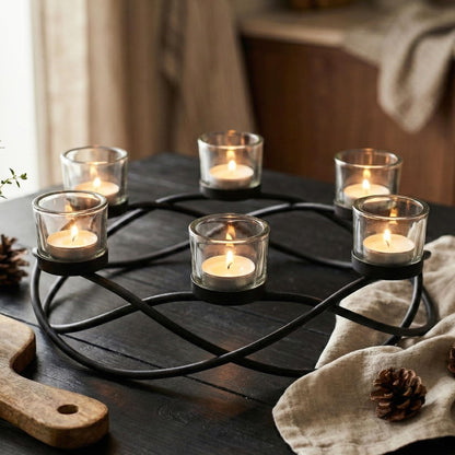 Seraphic Centerpieces for Table Decorations - Oval Candle Holders for Outdoor Patio, Dining, Kitchen, Coffee & Wedding Table Decor, Black Iron Candelabra, 6 Thick Clear Glass Tealight Cups