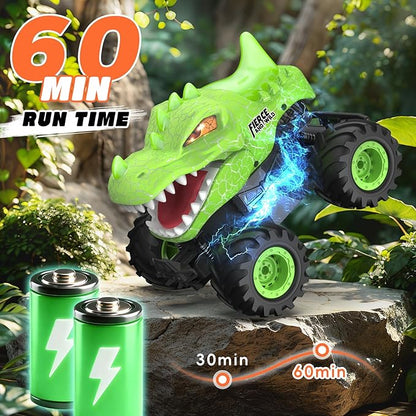 Dinosaur Remote Control Car 2.4GHz Monster Truck Toys Rechargeable RC Cars 1:24 Scale RC Truck with LED Light Movable Mouth Dinosaur Cars Toys for Kids Boys 6-8 8-12 Birthday Gift Green