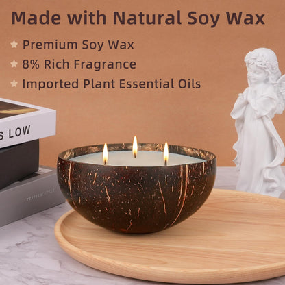 Viyffo Large Non Toxic Soy Candle - Spring Forest & Sage, 18oz 3 Wick Scented Candle for Women & Men, Natural Coconut Shell Jar Perfect for Home Decor & Unique Nature Gift
