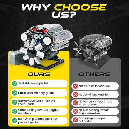 V8 Engine Model Kit for Teens &amp Adults - Build Your Own Mini V8 Engine Kit with Visible Combustion Engine That Works Functional DIY Engineering STEM Kit w/ 535 Pieces for Ages 14+