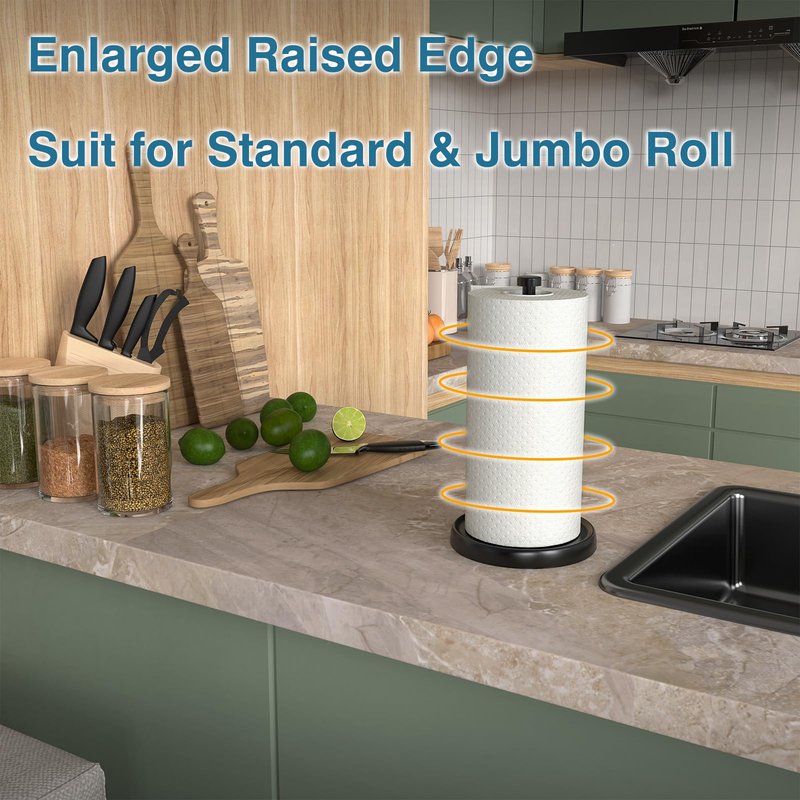 Paper Towel Holder Countertop, One-Handed Tear, Stainless Steel, Weighted Base, Black, Paper Towel Roll Holder Stand with Ratchet Mechanism for Kitchen Bathroom Farmhouse Essentials Decor Accessories