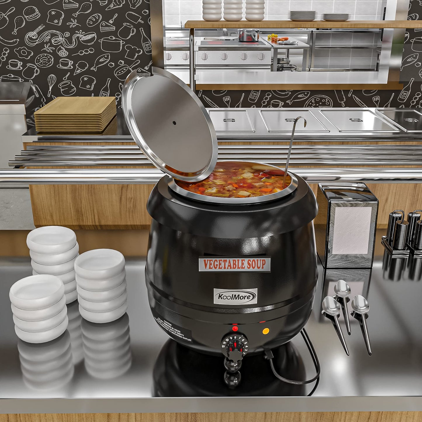 KoolMore Commercial Soup Kettle Warmer with Hinged Lid and Removable Pot Insert for Buffet, Restaurant, Party, Event, and Catering, Large 2.5 Gallon, Electric [Black] (SK-BK-3G)