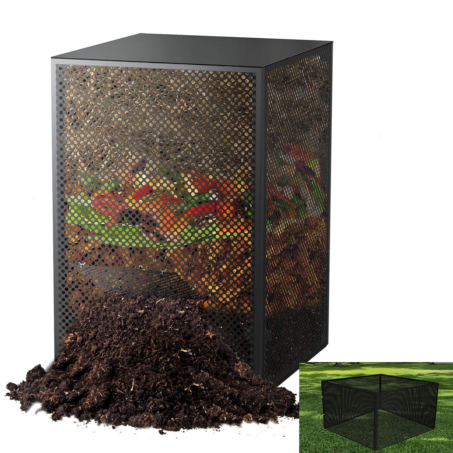 Compost Bin Outdoor with Lid - Large 93/130 Gal Composter 2-in-1 Design, Heavy-Duty Galvanized Steel Perforated Sheet with Rust-Proof Coating, Versatile Outdoor Fence, for Garden, Yard & Kitchen Waste