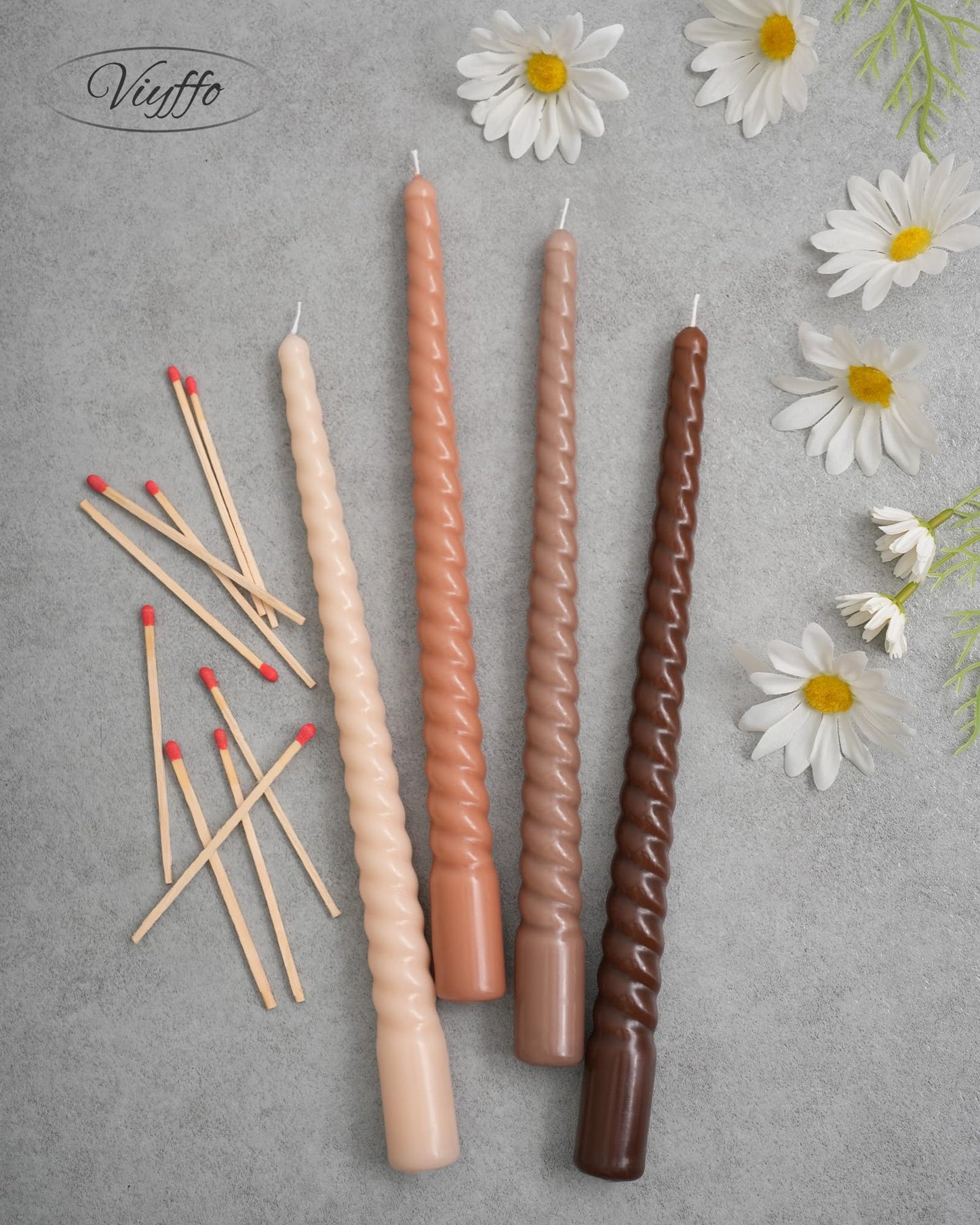 Viyffo Spiral Taper Candles 11 Inch – 4 Pack Brown, Dripless, Unscented, Smokeless – 9 Hour Burn – Tall Candlesticks for Wedding, Dinner, Holiday, Party, Home Decor