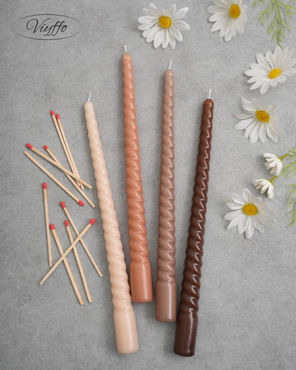 Viyffo Spiral Taper Candles 11 Inch – 4 Pack Brown, Dripless, Unscented, Smokeless – 9 Hour Burn – Tall Candlesticks for Wedding, Dinner, Holiday, Party, Home Decor