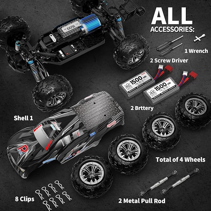 Hosim RC Truck 1:10 Scale 48+ KMH Remote Control Car for Adults 4X4 All Terrains Off-Road RC Car Waterproof Electric RC Cars for Boys Age 8-12 Toy Gift 40+ Min Play with 2 Batteries Monster Trucks
