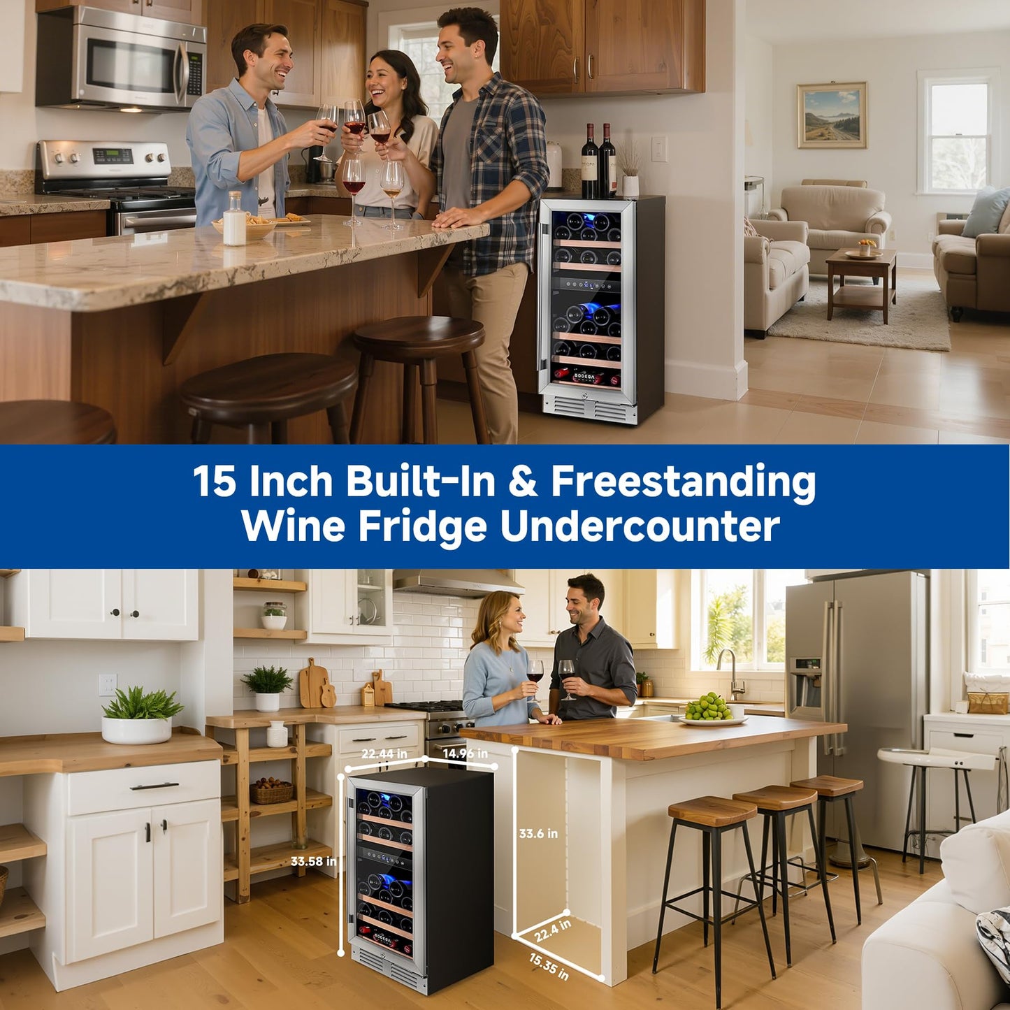 BODEGA 15 Inch Dual Zone Wine Cooler, 30 Bottle Compressor Wine Fridge with 41-72°F Temp Control, Built-in & Freestanding, UV-Protected Glass Door, Stainless Steel – for Home Bar, Kitchen.