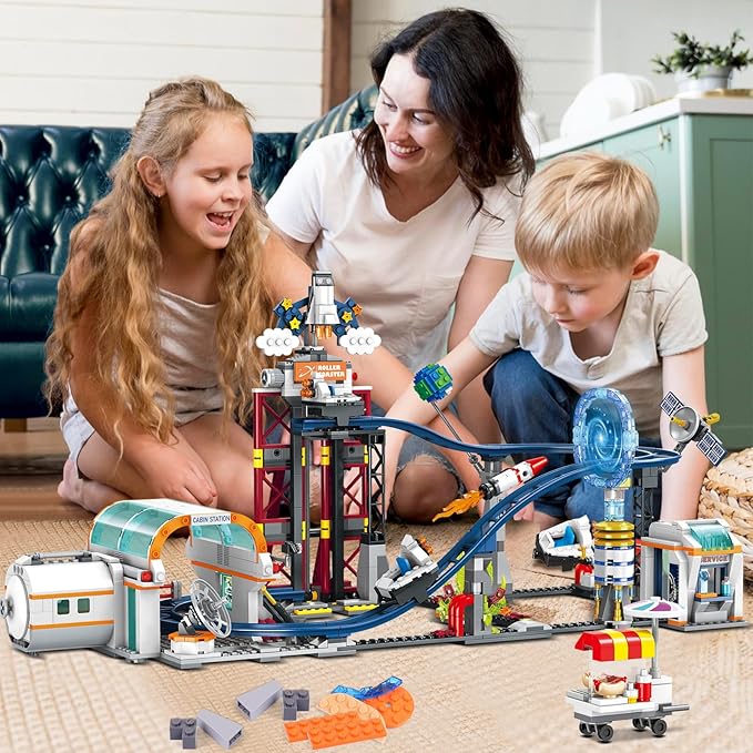 HOGOKIDS Space Roller Coaster Building Toy 926PCS Coaster Building Set Features Lift Platform Satellites Rocket Buildable Space Rollercoaster Adventure Park for Adults Kids Girl Boy Ages 6+years old