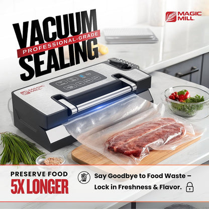 Magic Mill Pro Liquid Vacuum Sealer Machine, New Patent Technology for Liquid, Dry, Moist Food, Upgraded Handle Lock, 90Kpa Bag Storage, Built-in Cutter, Removable Drip Tray, Double Seal for Freshness