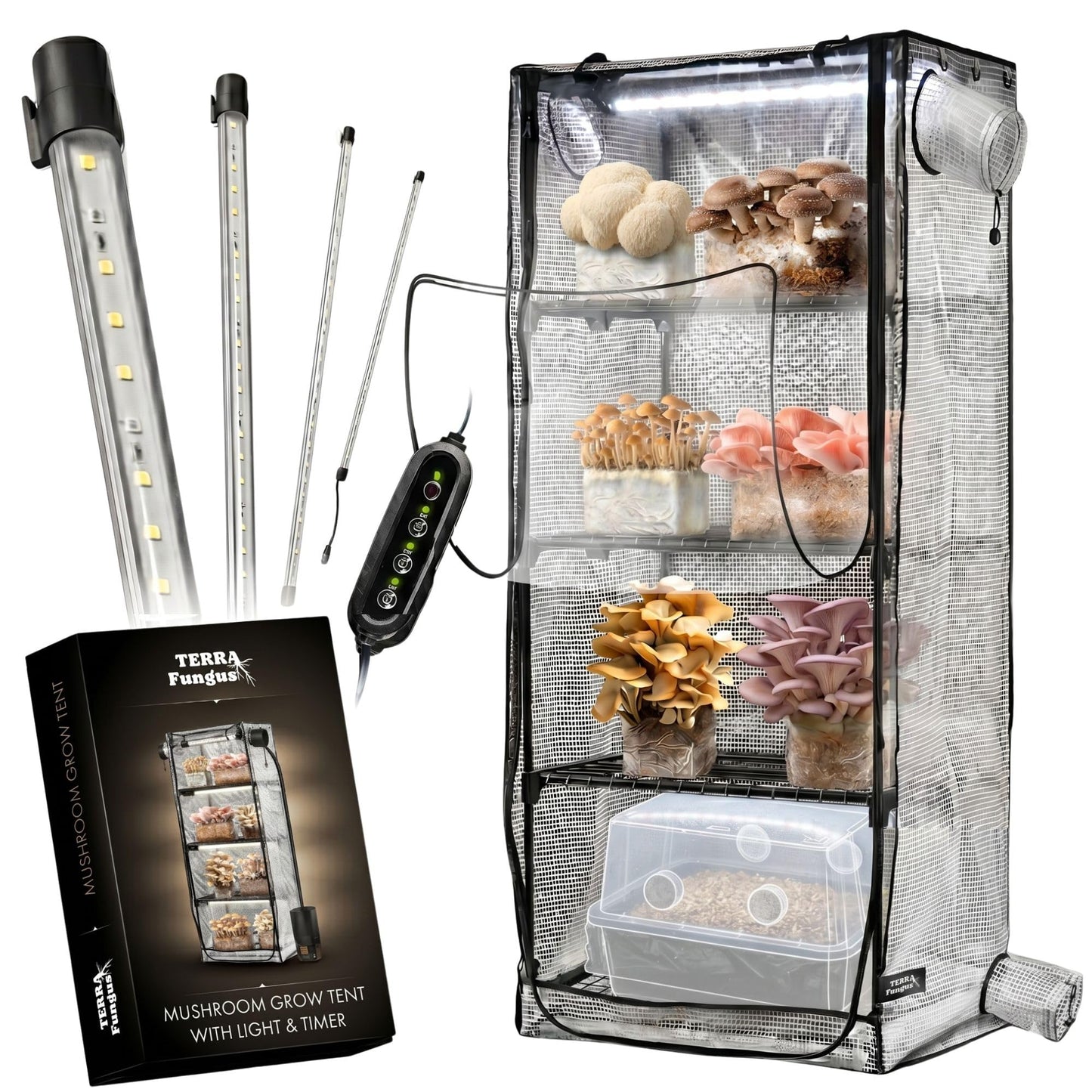 Mushroom Grow Tent with 6500K LED Light & Timer, 4-Tier Shelves Fit Up to 8 Monotubs, Mini Indoor Greenhouse with Grow Light, Waterproof Tray, 4 Vents, Martha Tent