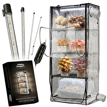 Mushroom Grow Tent with 6500K LED Light & Timer, 4-Tier Shelves Fit Up to 8 Monotubs, Mini Indoor Greenhouse with Grow Light, Waterproof Tray, 4 Vents, Martha Tent