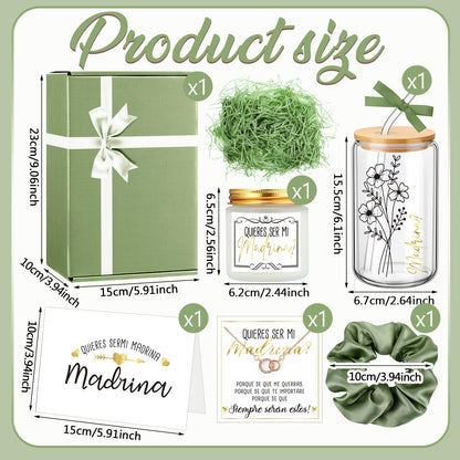 Singhoow 6 Pcs Godmother Proposal Gift Set, Will You Be My Godmother Gift Box, 16oz Glass Cup, Necklace & Scented Candle from Godchild for Baptism Mother’s Day Birthday(Spanish,Sage Green)