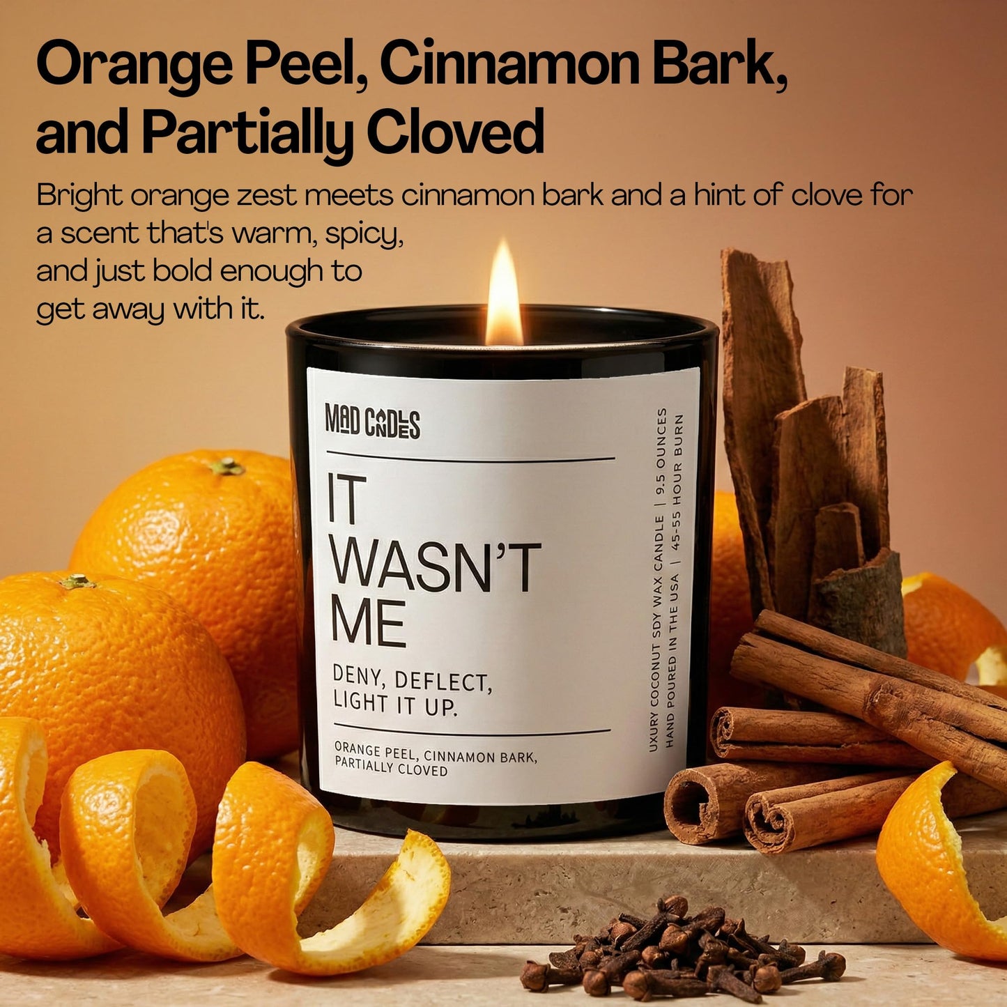 Mad Candles – It WASN’t Me – Sophisticated Warm Spice Scent – Bold Black Candle – 9.5 oz Coconut Soy Wax Blend, Eco-Friendly Gift for Women & Men, Hand Poured in USA, 55-Hour Burn, Clean Cotton Wick