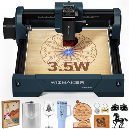 WIZMAKER Wand MINI 3.5W Laser Engraver, Beginner DIY Wood, Leather, Paper, MDF, Acrylic Engraving Machine, 135×145mm, WiFi/USB/Hotspot, LaserGRBL 3500mW