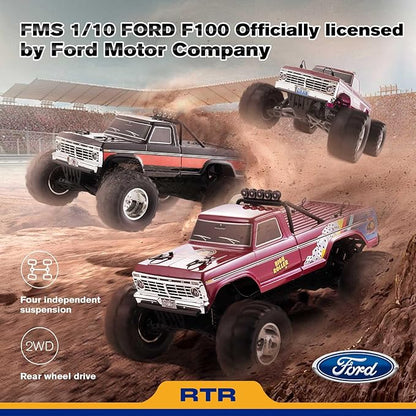 FMS 1/10 RC Truck Ford F-1002WD Monster Truck with Licensed Body 550 Brushed Motor Oil Shocks Independent Suspension – All-Terrain RC Crawler High Speed Off-Road RC Car for Gift(Red First Blood)
