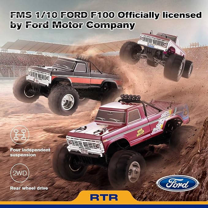 FMS 1/10 RC Truck Ford F-1002WD Monster Truck with Licensed Body 550 Brushed Motor Oil Shocks Independent Suspension – All-Terrain RC Crawler High Speed Off-Road RC Car for Gift（Red High Roller）
