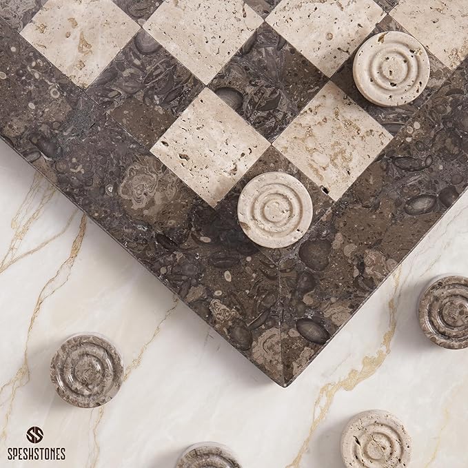 Marble Checkers Set 15 Inches Handmade Oceanic &amp Travertine Checkers Board Game with Checker Pieces - Board Games for Adults Game Table Accessories Gifts &amp Home Décor