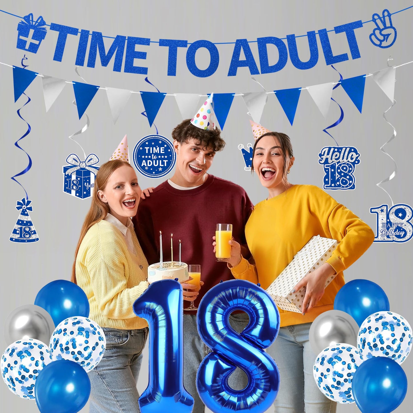 DARUNAXY 18th Birthday Party Decorations for Boys Girls, Blue Time To Adult 18 Banner, 18 Number Balloons & Cake Topper, Cheers To 18 Years Old Birthday Honeycomb Hanging Swirl Confetti Balloons