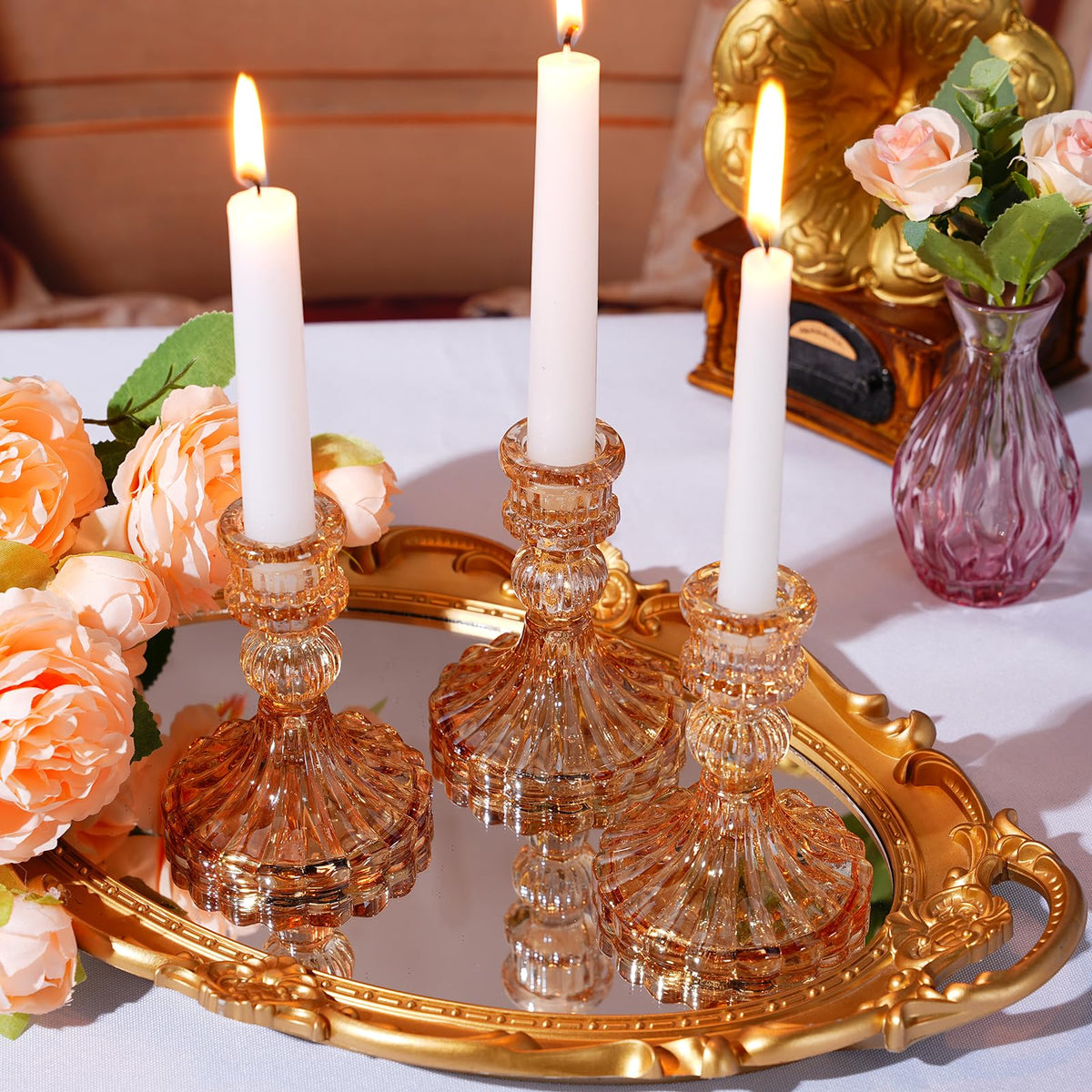 Maxcheck Set of 6 Candlestick Holders Taper Glass Candle Holder Decorative Candle Stand for Wedding Christmas Party Table Centerpiece Anniversary Festival Home Decor(Amber)