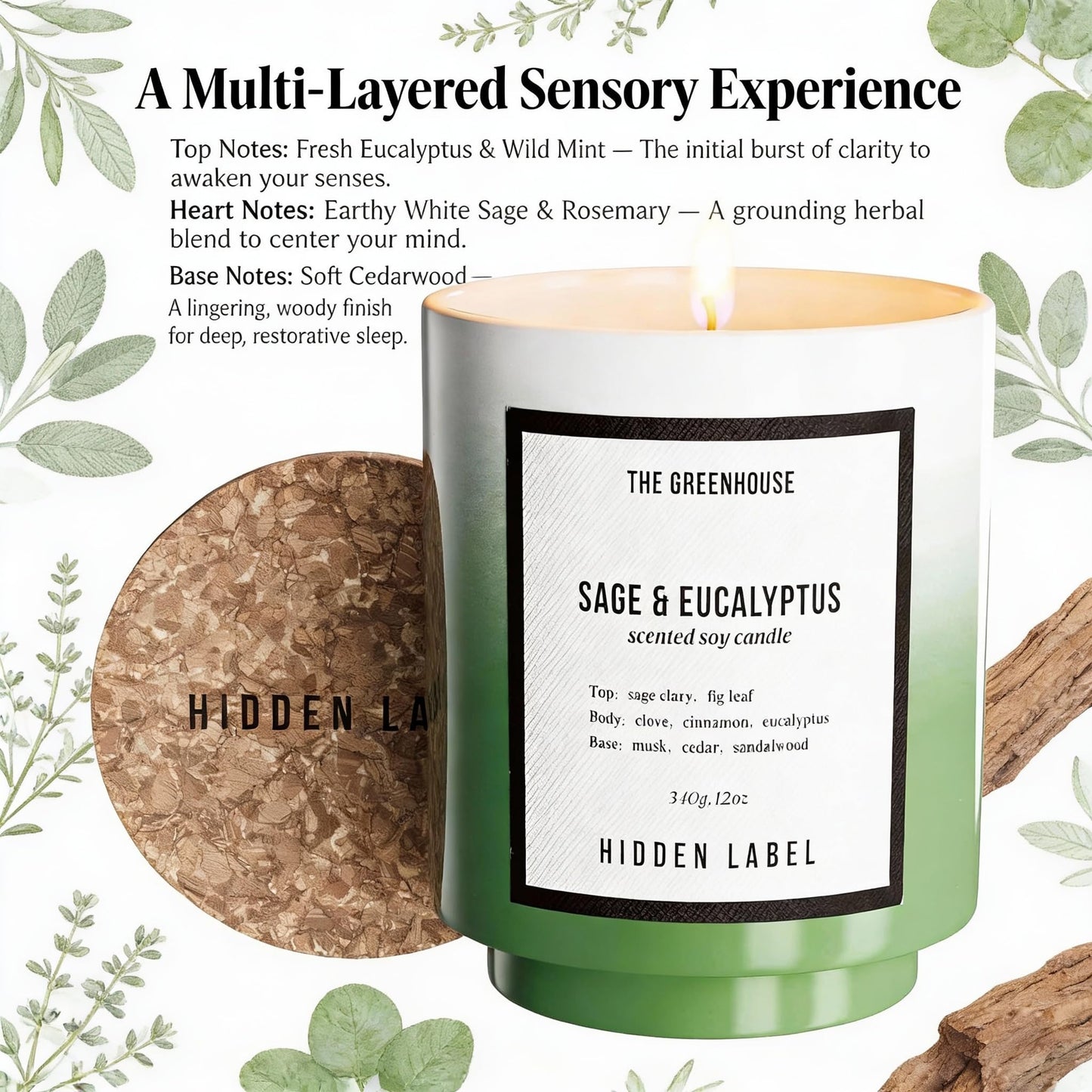 Eucalyptus Sage Scented Candle, 12oz Natural Soy Wax with Cotton Wick, 75H Long Lasting Burn Aromatherapy Candle for Home, Stress Relief Meditation & Yoga, Non-Toxic Relaxation Gift for Women