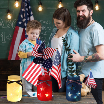 Domensi 4th of July Patriotic Table Decoration Set Rustic Mason Jar Tea Light Candle Holders with String Lights for Independence Day Centerpiece Transparent Mason Jars Labor Day Supplies