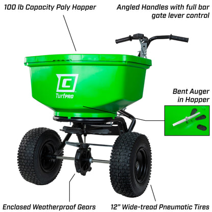Chapin 89303C Spreader, Lawn and Garden, 100Lbs, Contractor, TurfPro, Broadcast, Push, Walk Behind, 12" Tires, Weather-Proof, Poly Hopper, Side- Adjust Lever, Spreads Fertilizer and Seeds