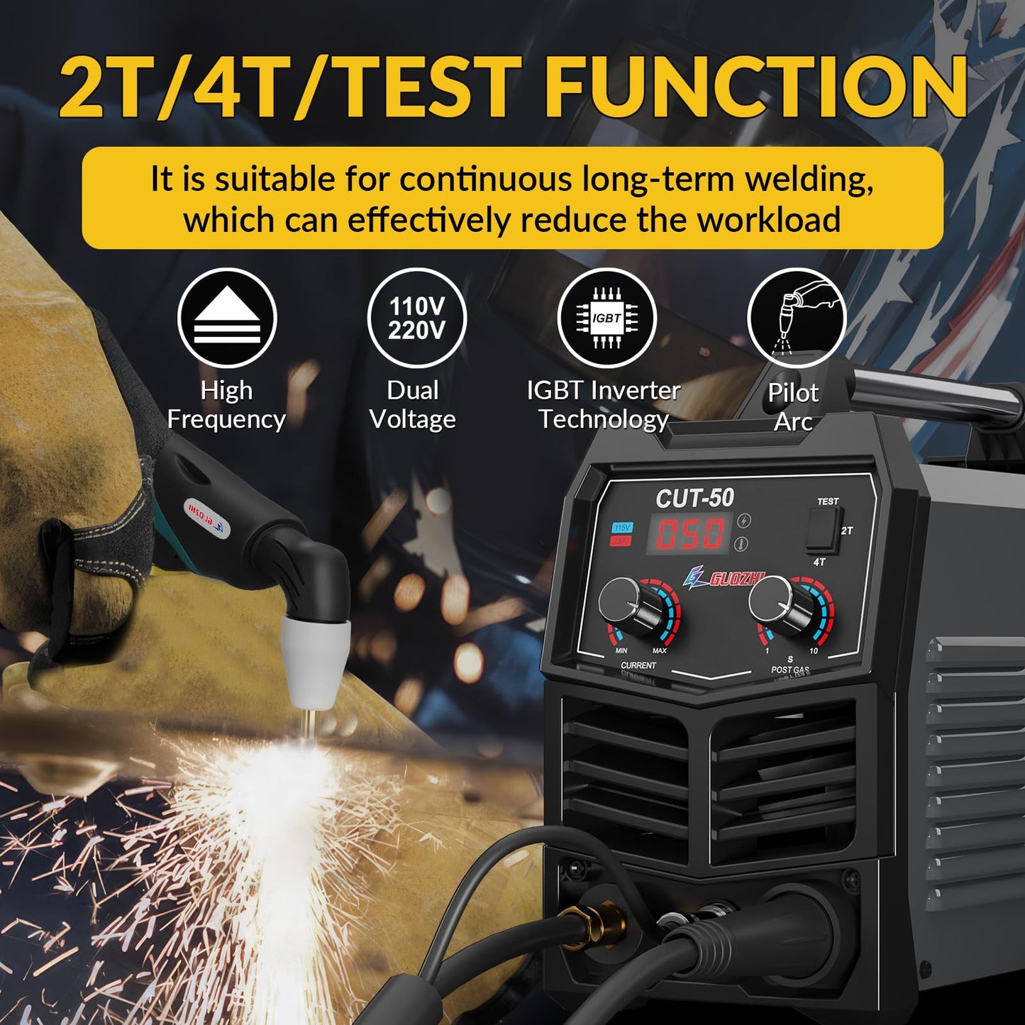 GZ GUOZHI Plasma Cutter, 50 Amp Air Inverter Plasma Cut, 110V/220V Dual Voltage Digital Display IGBT Inverter Plasma Cutting Machine with 2T/4T/TEST Function