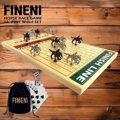 Horse Racing Game for Adults Luxurious Metal Horses (Silver Black) on 16' Pine Wood Board Dice &amp Card Included